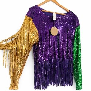 Sequin Fringe Top in Purple, Gold, and Green